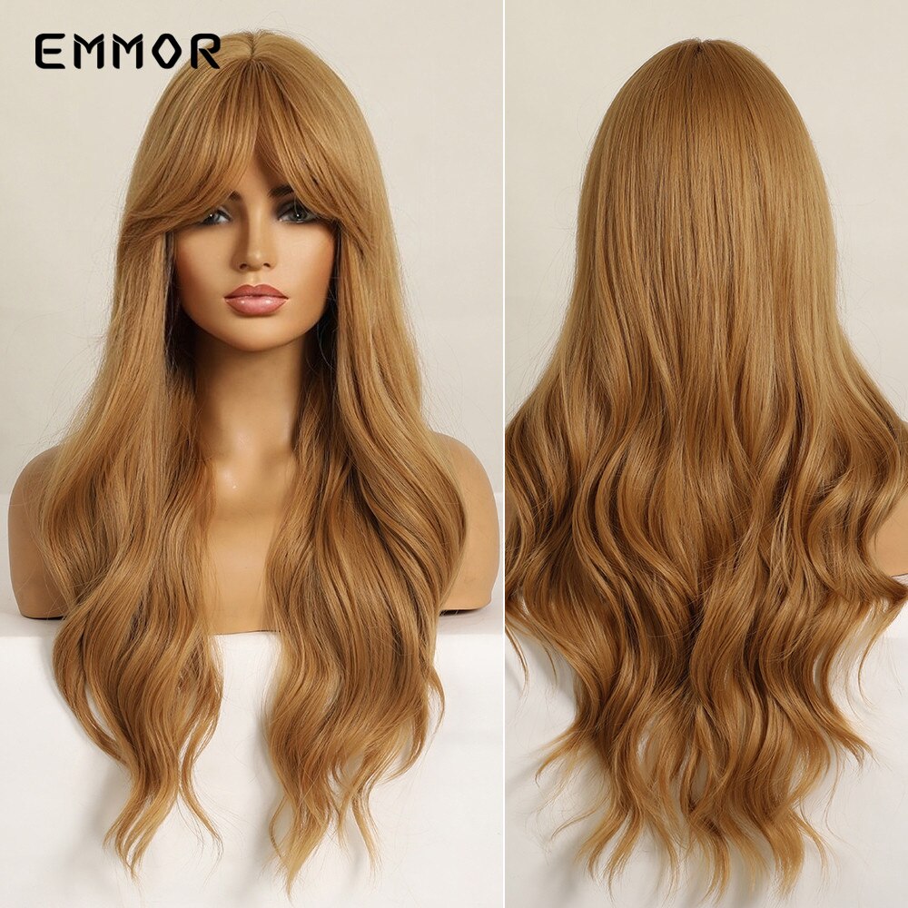 Synthetic Ombre brown to Light Blonde Hair Wig with Bangs Natural Wavy Wig for Women Cosplay Heat Resistant Fiber Wigs