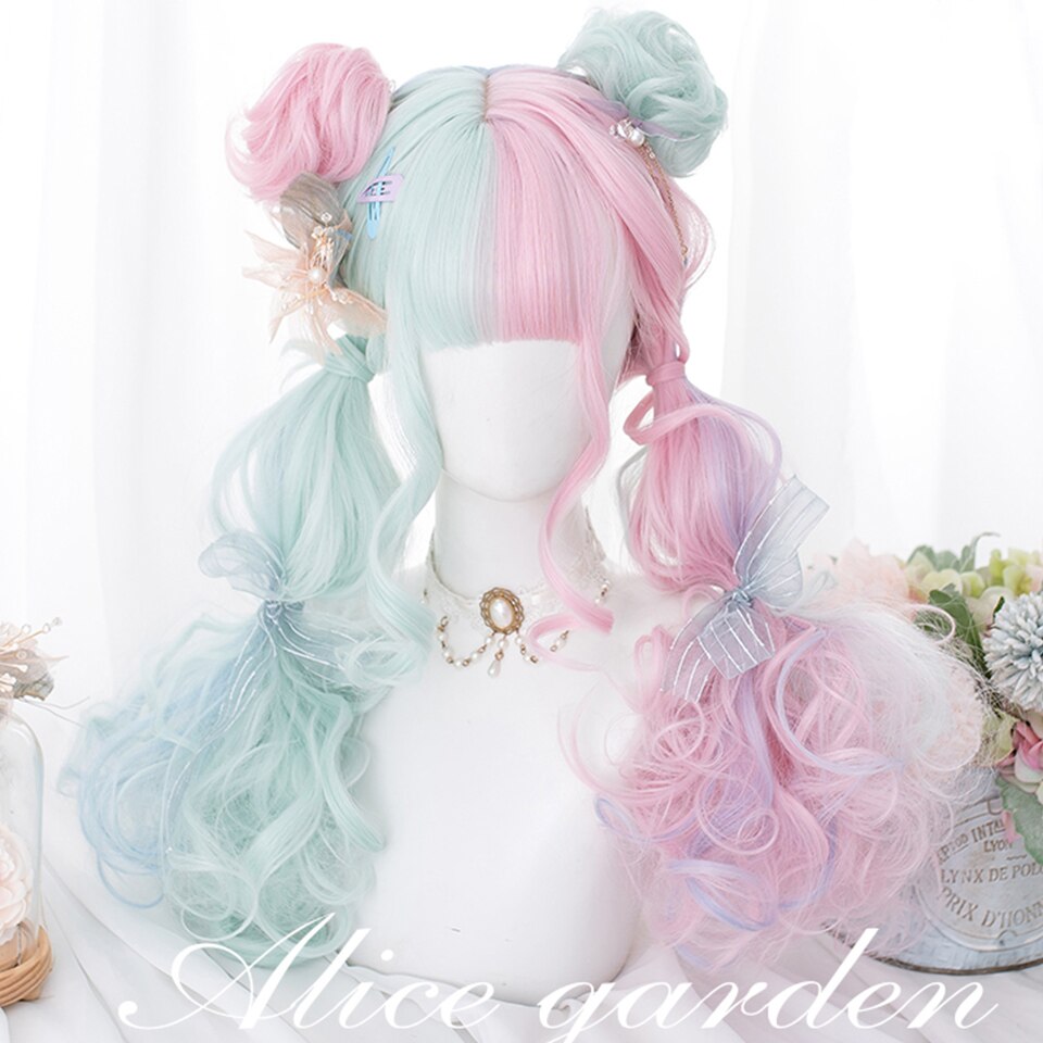 Synthetic long wavy curly hair female cold brown black cosplay Lolita pink purple blue wig heat-resistant bangs