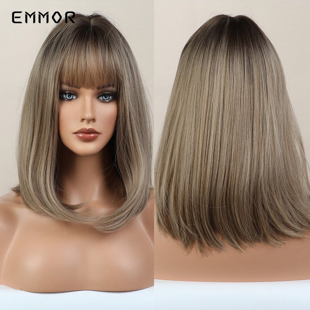 Synthetic Wigs Ombre Pink Brown Wig With Bangs Layered Hair Cosplay Daily Party Natural Heat Resistant Wigs for Women