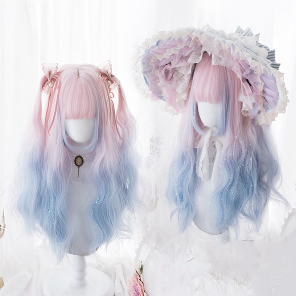 Synthetic long wavy curly hair female cold brown black cosplay Lolita pink purple blue wig heat-resistant bangs