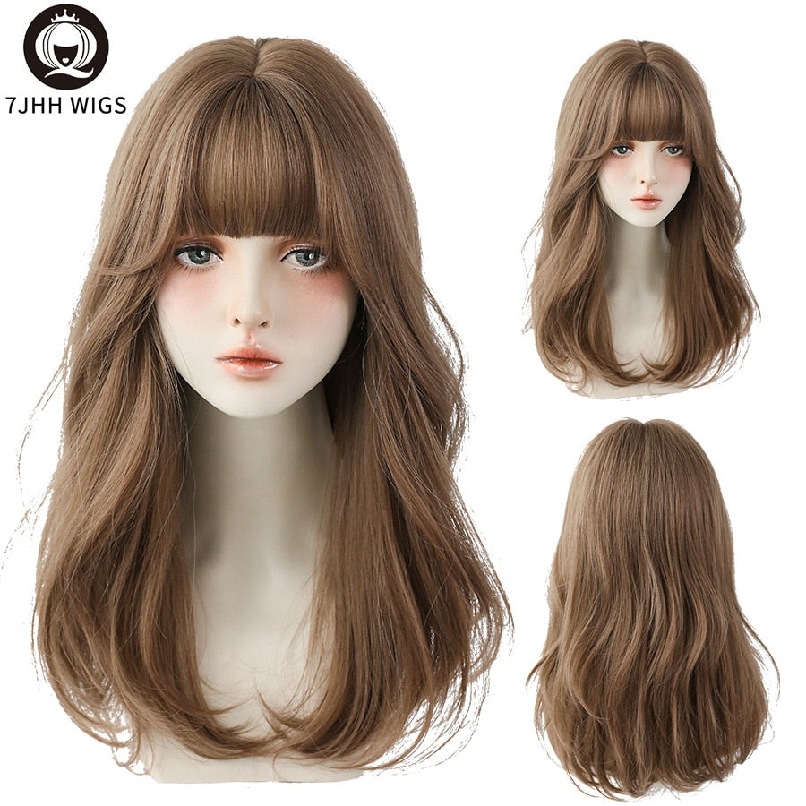 WIGS Long Wavy Curly Black Brown Synthetic Blend Wigs With Fluffy Bangs For Women Daily Wear Four Seasons Hair