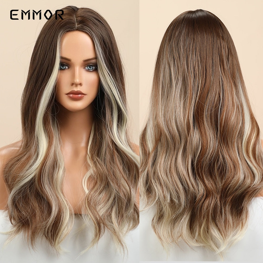 Synthetic Women Long Wavy Wigs Brown with Blonde Wigs Natural Wavy Heat Resistant Wig for Women Wigs