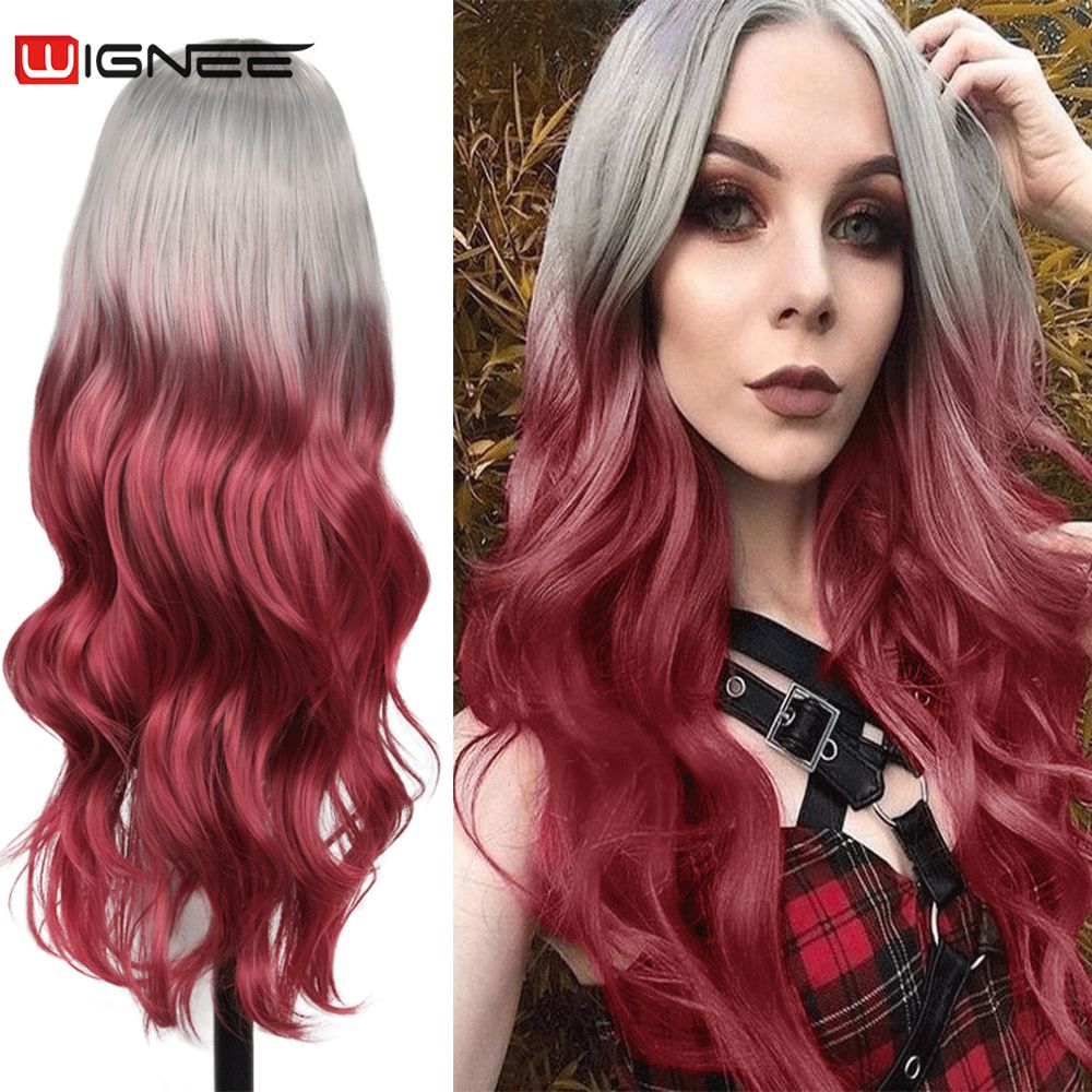 Long Wavy Synthetic Wigs Heat Resistant Middle Part Mix Blue Cosplay Hair For Women African American Natural Party Wigs
