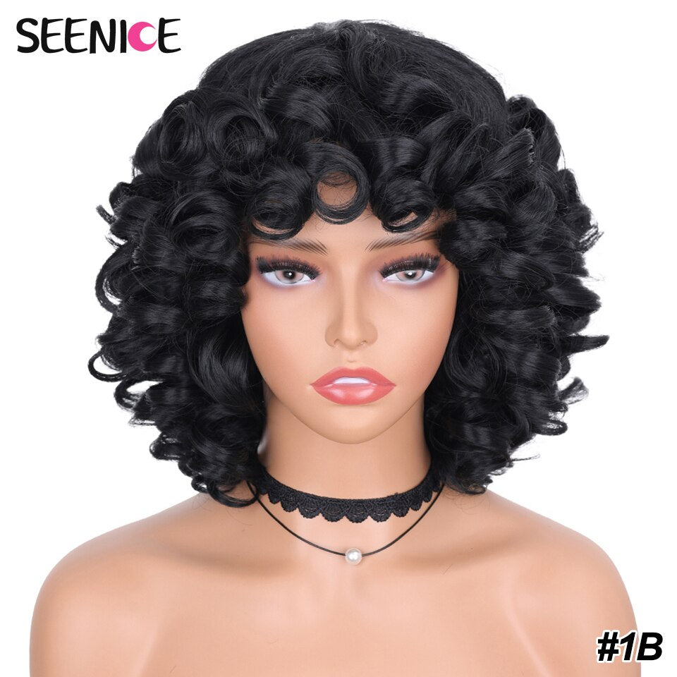Short Hair Afro Kinky Curly Wigs With Bangs For Black Women Fluffy Synthetic African Ombre Glueless Cosplay Natural Brown Wigs