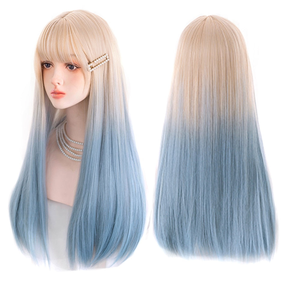 lolita wigs Long straight wigs lady gray blue high temperature resistant synthetic wig cosplay party natural wig