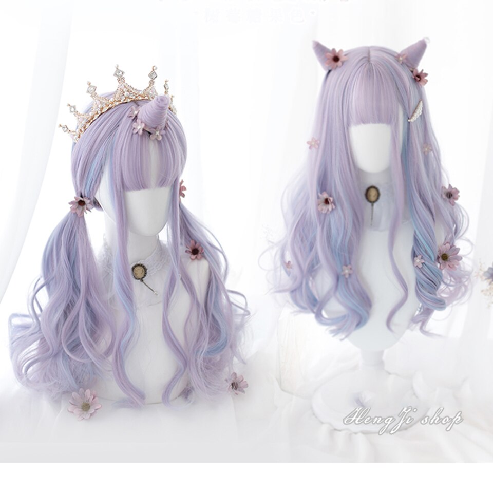 Synthetic long wavy curly hair female cold brown black cosplay Lolita pink purple blue wig heat-resistant bangs