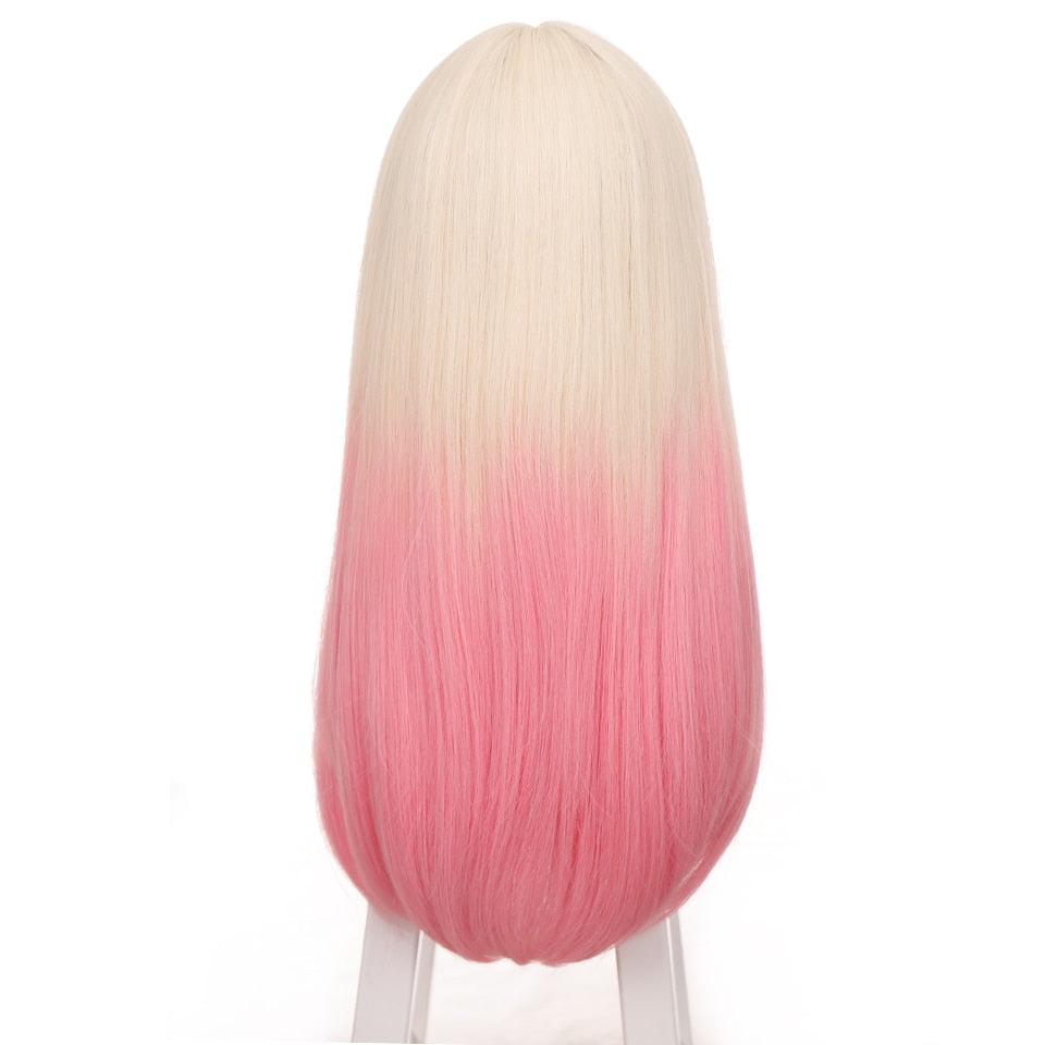 Long straight hair synthetic wig girl pink white gradient bangs cosplay Lolita party heat-resistant wigs