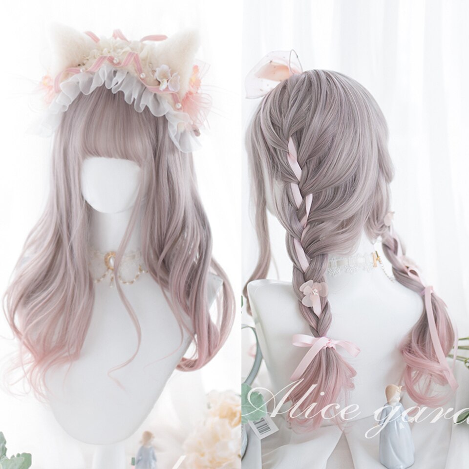 Synthetic long wavy curly hair female cold brown black cosplay Lolita pink purple blue wig heat-resistant bangs