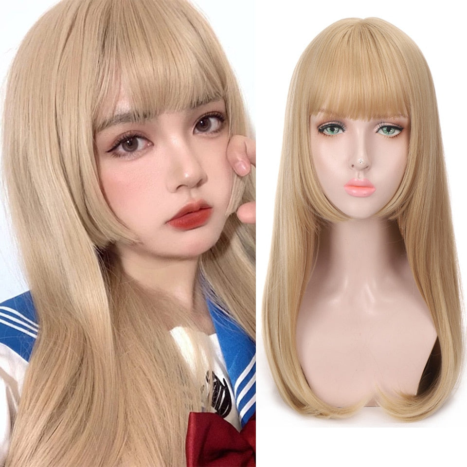 Long straight hair synthetic wig girl pink white gradient bangs cosplay Lolita party heat-resistant wigs