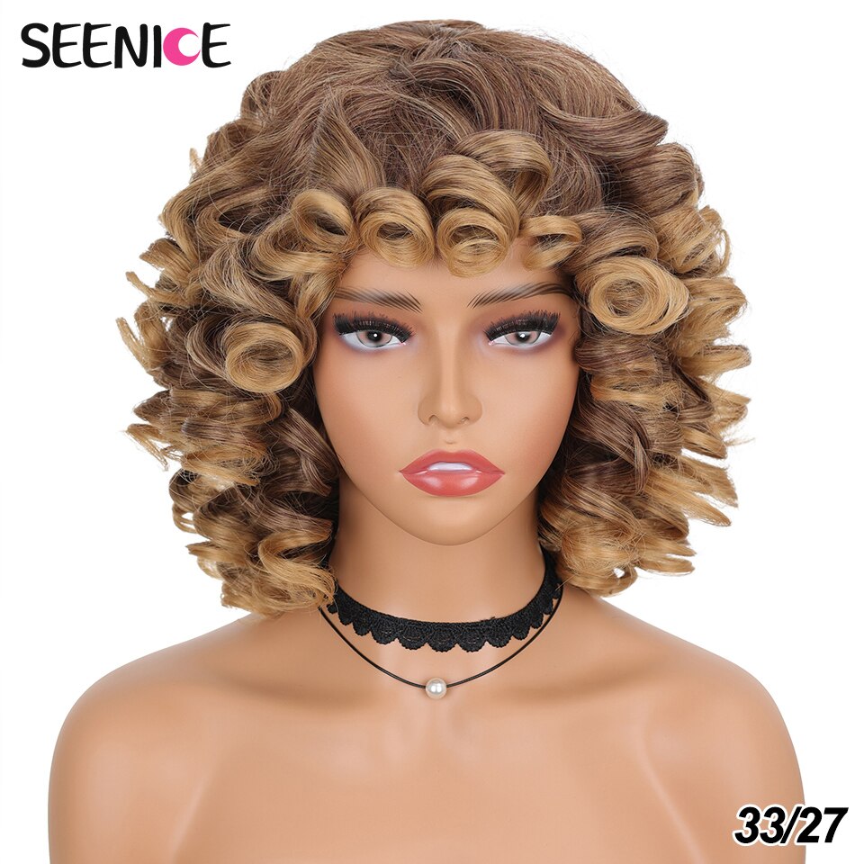 Short Hair Afro Kinky Curly Wigs With Bangs For Black Women Fluffy Synthetic African Ombre Glueless Cosplay Natural Brown Wigs
