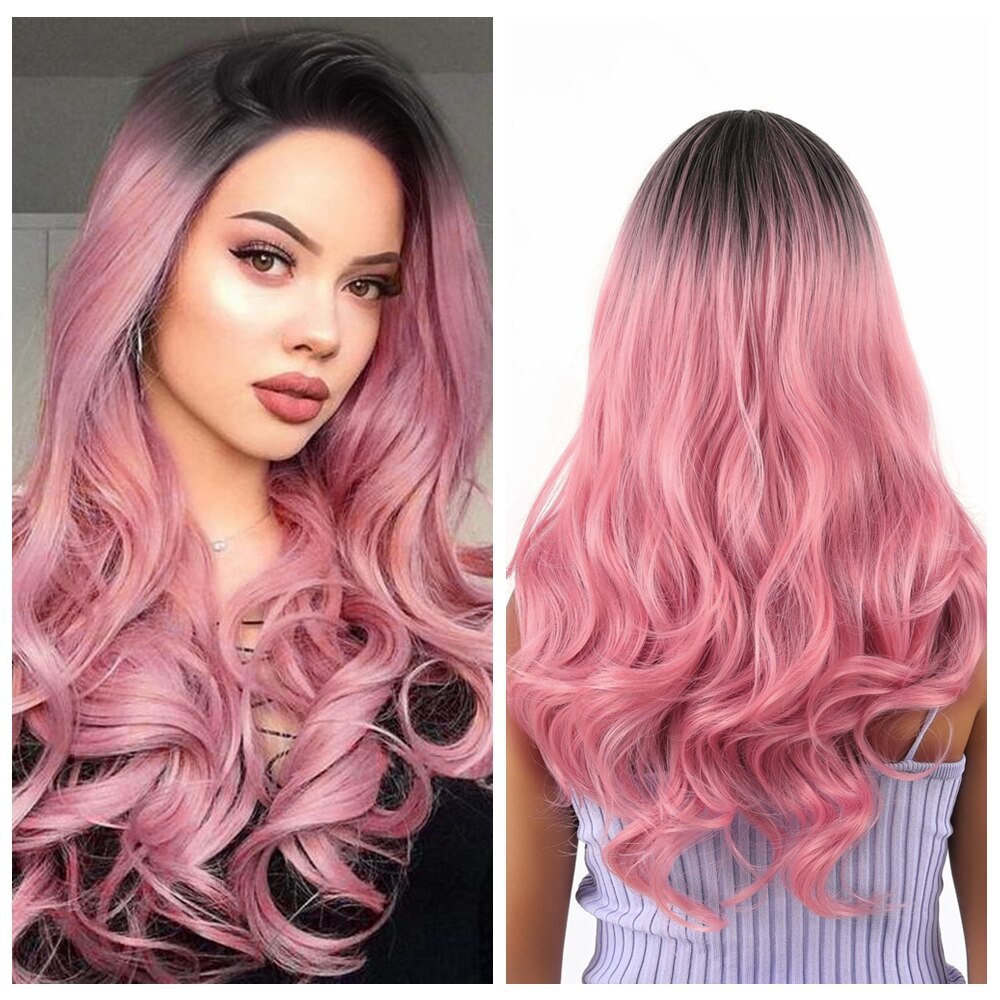 Long Wavy Synthetic Wigs Heat Resistant Middle Part Mix Blue Cosplay Hair For Women African American Natural Party Wigs