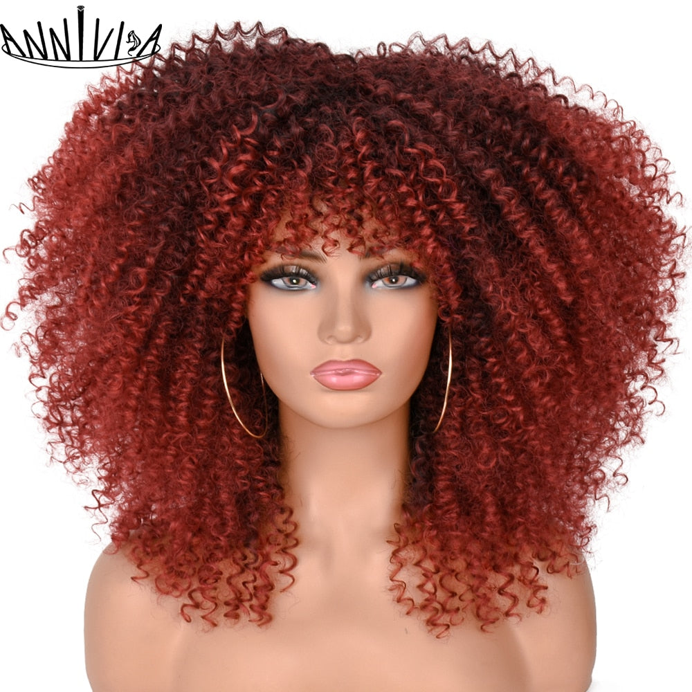 Curly Afro Wigs For Black Women Short Kinky Curly Wigs With Bangs 16inch Brown Afro Hair Synthetic Fibre Glueless Cosplay Hair