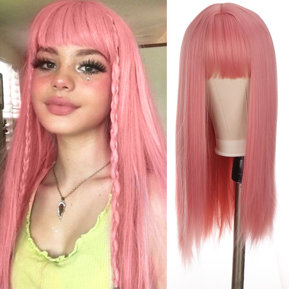 Long straight hair synthetic wig girl pink white gradient bangs cosplay Lolita party heat-resistant wigs