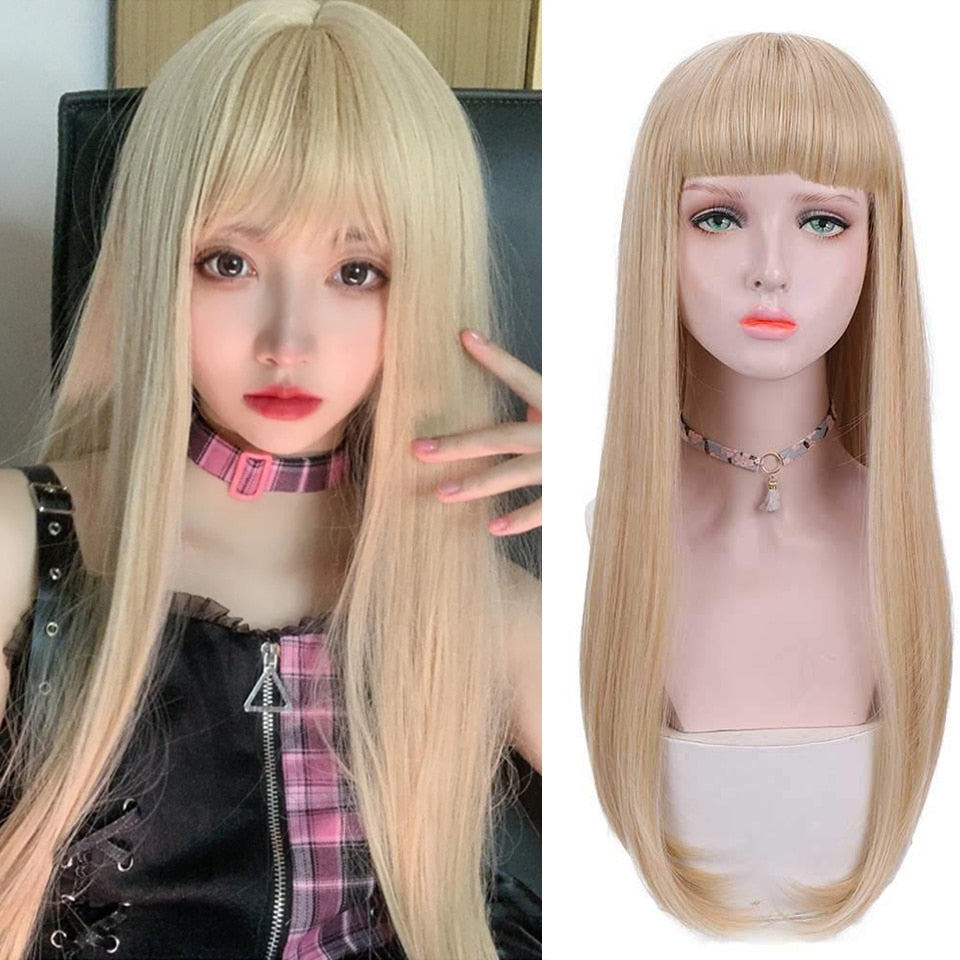 Long straight hair synthetic wig girl pink white gradient bangs cosplay Lolita party heat-resistant wigs