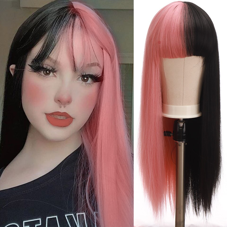 Long straight hair synthetic wig girl pink white gradient bangs cosplay Lolita party heat-resistant wigs