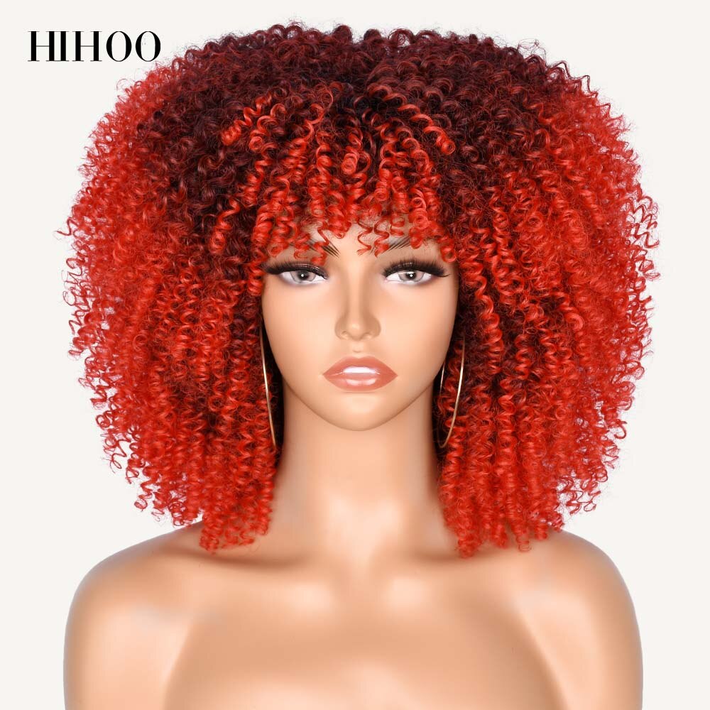 Short Hair Afro Kinky Curly Wigs With Bangs For Black Women Cosplay Lolita Synthetic Natural Blonde Wig Red Blue Orange Wig