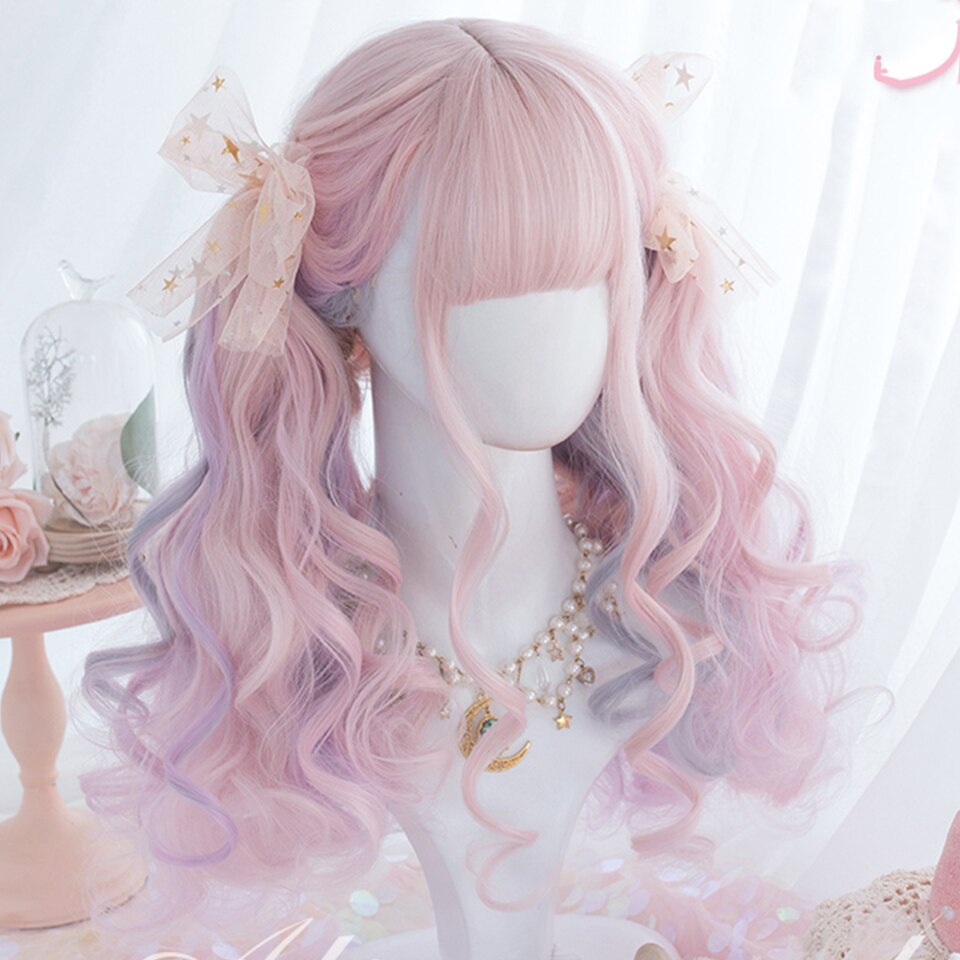 Synthetic long wavy curly hair female cold brown black cosplay Lolita pink purple blue wig heat-resistant bangs