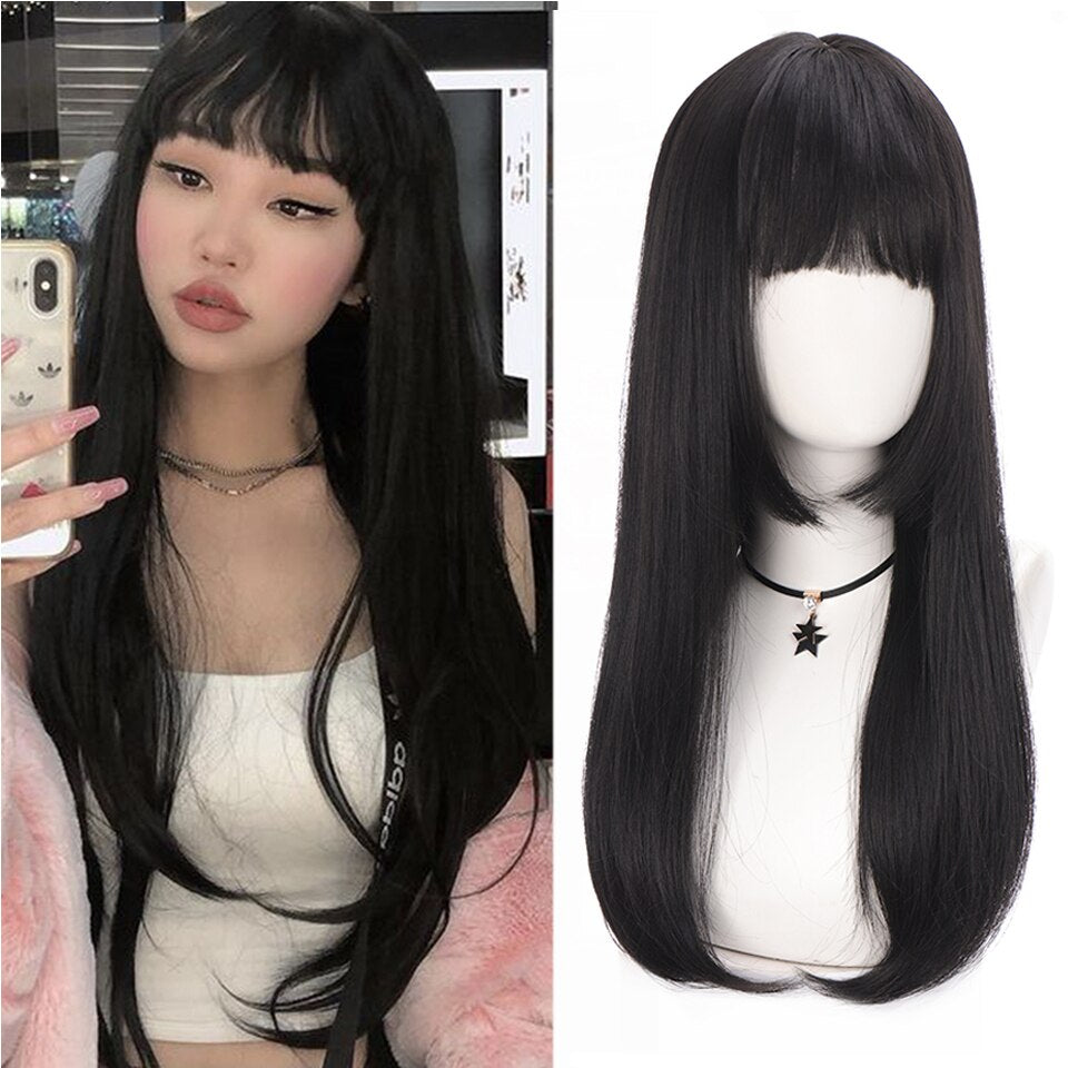 Long straight hair synthetic wig girl pink white gradient bangs cosplay Lolita party heat-resistant wigs