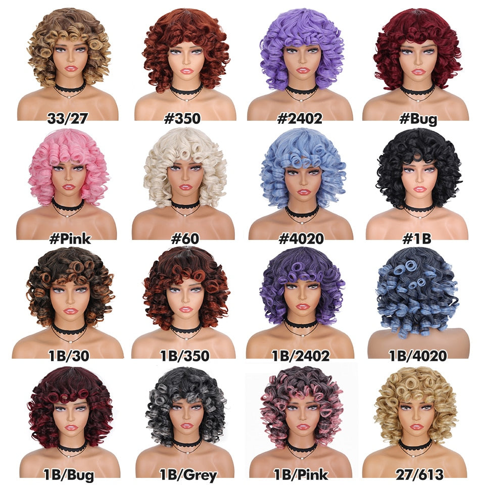 Short Hair Afro Kinky Curly Wigs With Bangs For Black Women Fluffy Synthetic African Ombre Glueless Cosplay Natural Brown Wigs