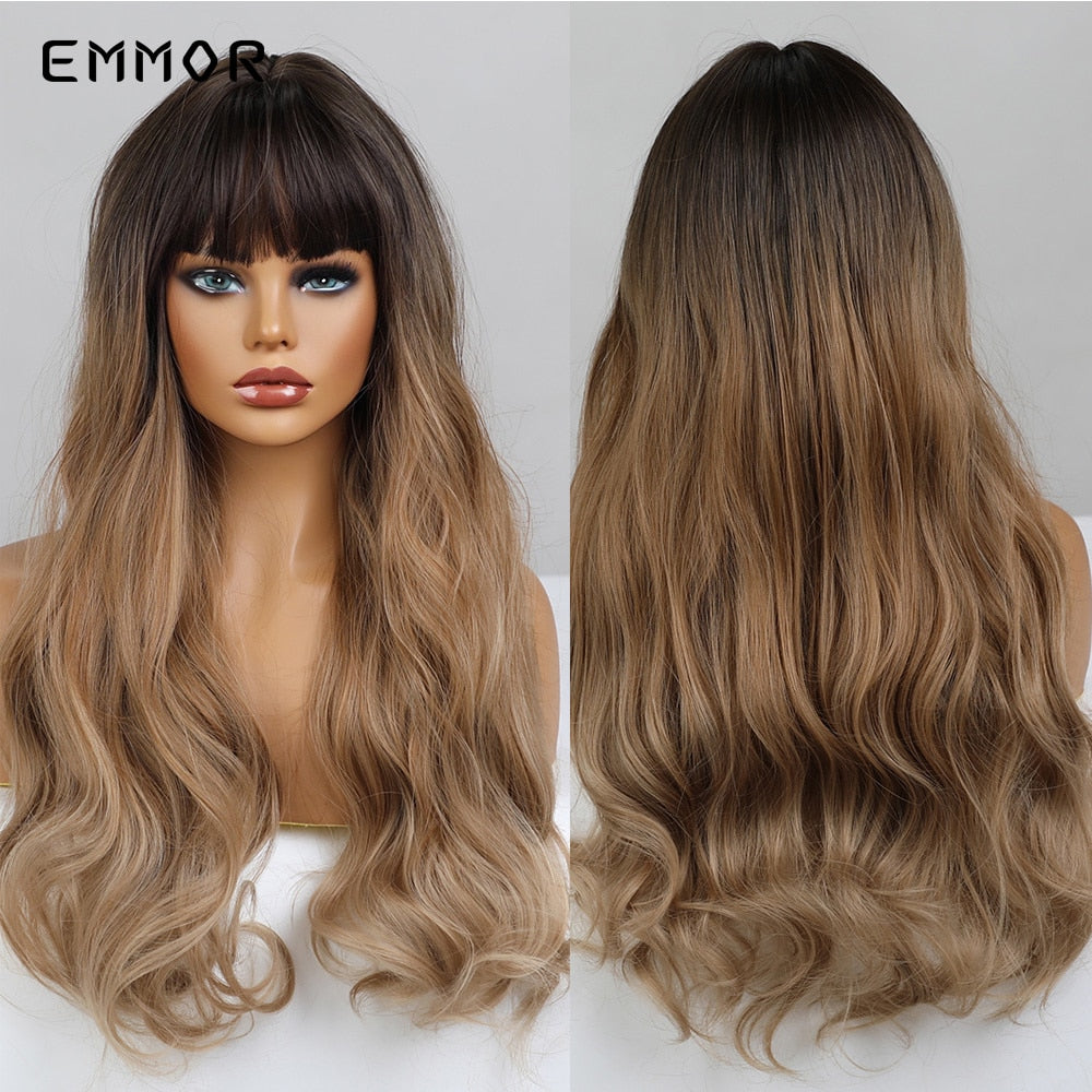 Synthetic Ombre brown to Light Blonde Hair Wig with Bangs Natural Wavy Wig for Women Cosplay Heat Resistant Fiber Wigs