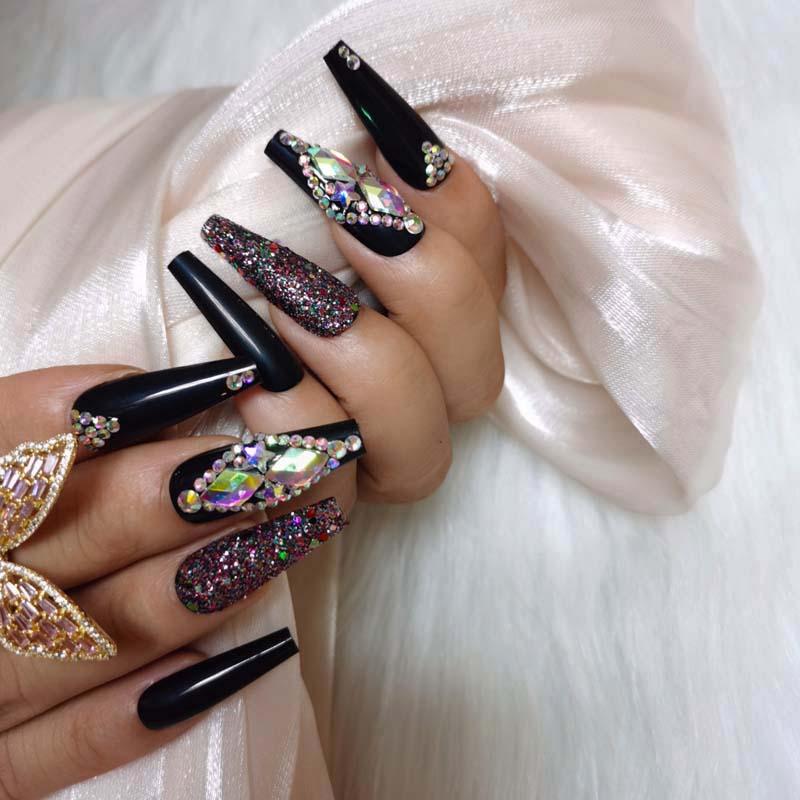 24pcs luxury jewelry long ballet coffin fake nails crystal diamond Transparent