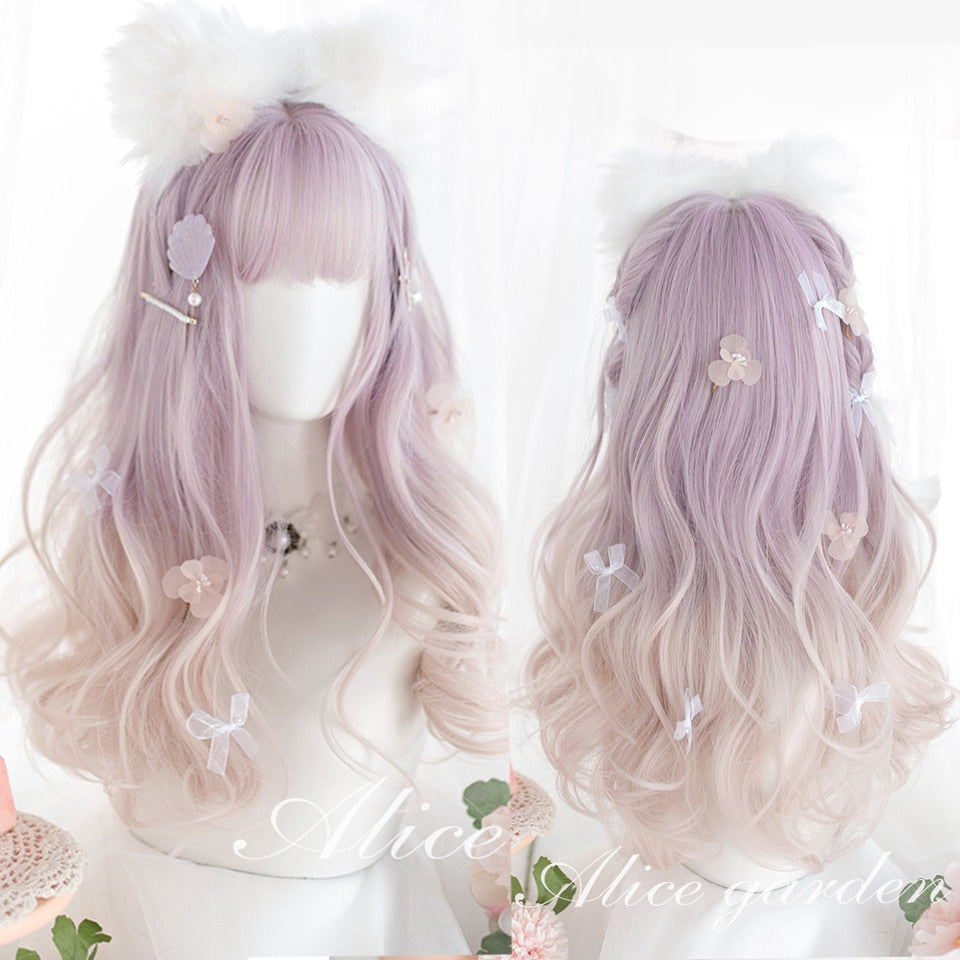 Synthetic long wavy curly hair female cold brown black cosplay Lolita pink purple blue wig heat-resistant bangs