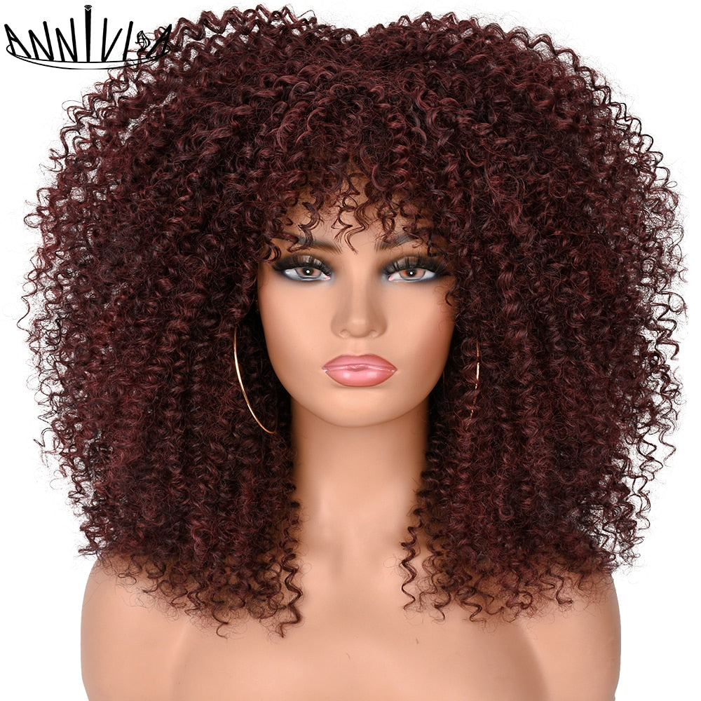 Curly Afro Wigs For Black Women Short Kinky Curly Wigs With Bangs 16inch Brown Afro Hair Synthetic Fibre Glueless Cosplay Hair