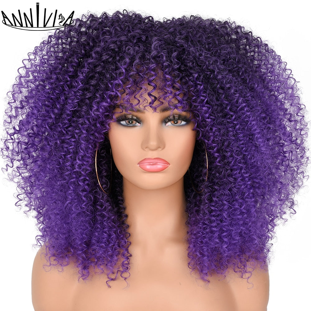 Curly Afro Wigs For Black Women Short Kinky Curly Wigs With Bangs 16inch Brown Afro Hair Synthetic Fibre Glueless Cosplay Hair