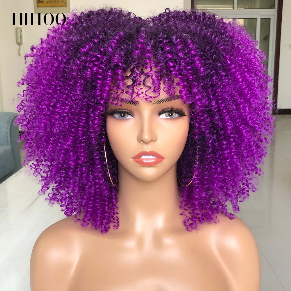 Short Hair Afro Kinky Curly Wigs With Bangs For Black Women Cosplay Lolita Synthetic Natural Blonde Wig Red Blue Orange Wig