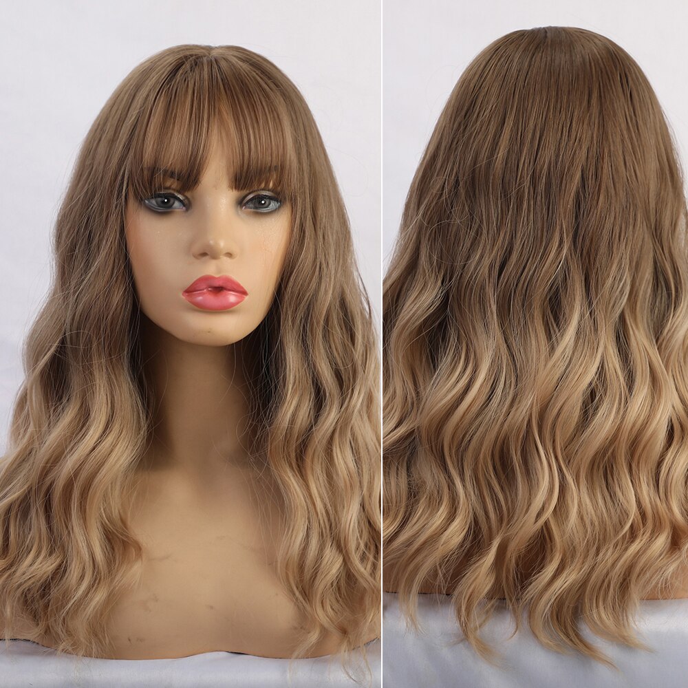 Synthetic Middle Dark Red with Bangs for Women Natural Long Water Wavy Cosplay Hairstyle Heat Resistant Fiber Hair Wigs