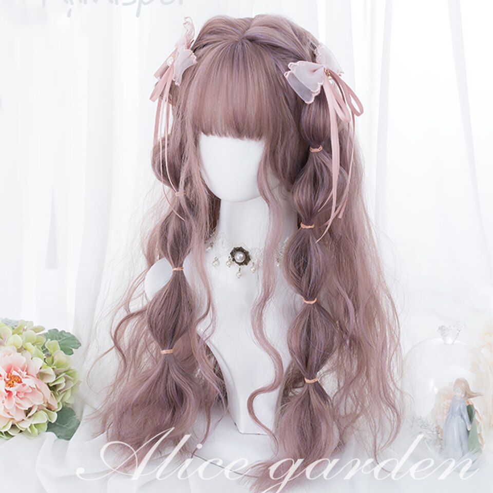 Synthetic long wavy curly hair female cold brown black cosplay Lolita pink purple blue wig heat-resistant bangs