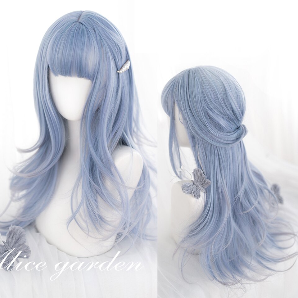 Synthetic long wavy curly hair female cold brown black cosplay Lolita pink purple blue wig heat-resistant bangs