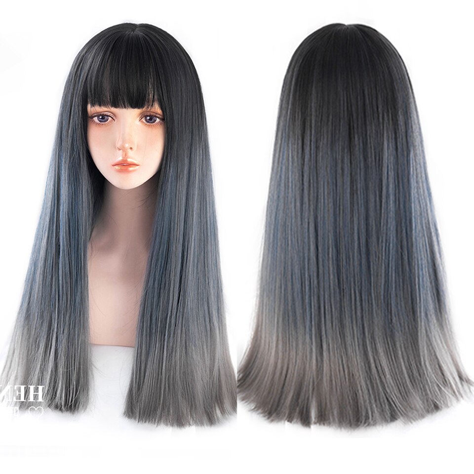 lolita wigs Long straight wigs lady gray blue high temperature resistant synthetic wig cosplay party natural wig