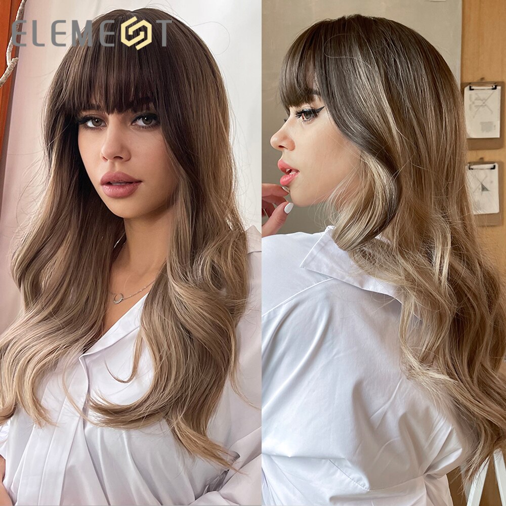 Long Natural Wavy Pink Hair Wigs with Bangs for Women Synthetic Cosplay Party Daily Use Heat Resistant