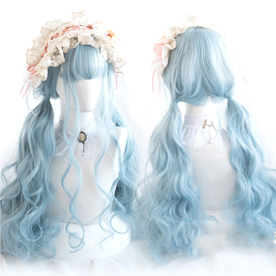 lolita wigs Long straight wigs lady gray blue high temperature resistant synthetic wig cosplay party natural wig