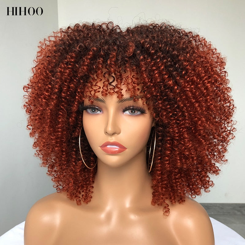 Short Hair Afro Kinky Curly Wigs With Bangs For Black Women Cosplay Lolita Synthetic Natural Blonde Wig Red Blue Orange Wig