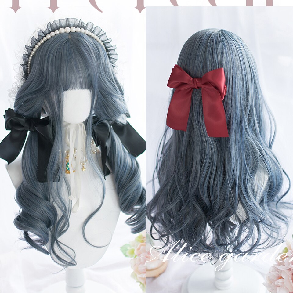 Synthetic long wavy curly hair female cold brown black cosplay Lolita pink purple blue wig heat-resistant bangs