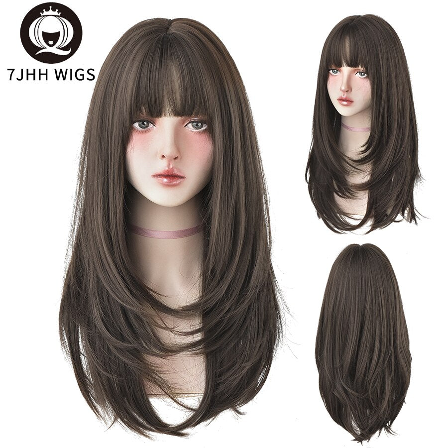 Synthetic Wigs Long Straight Pink Brown Hair Top Dyed Black Omber Wigs With Bangs For Women Heat Resistant Wigs