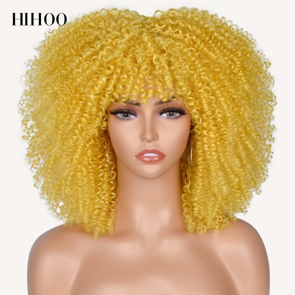 Short Hair Afro Kinky Curly Wigs With Bangs For Black Women Cosplay Lolita Synthetic Natural Blonde Wig Red Blue Orange Wig