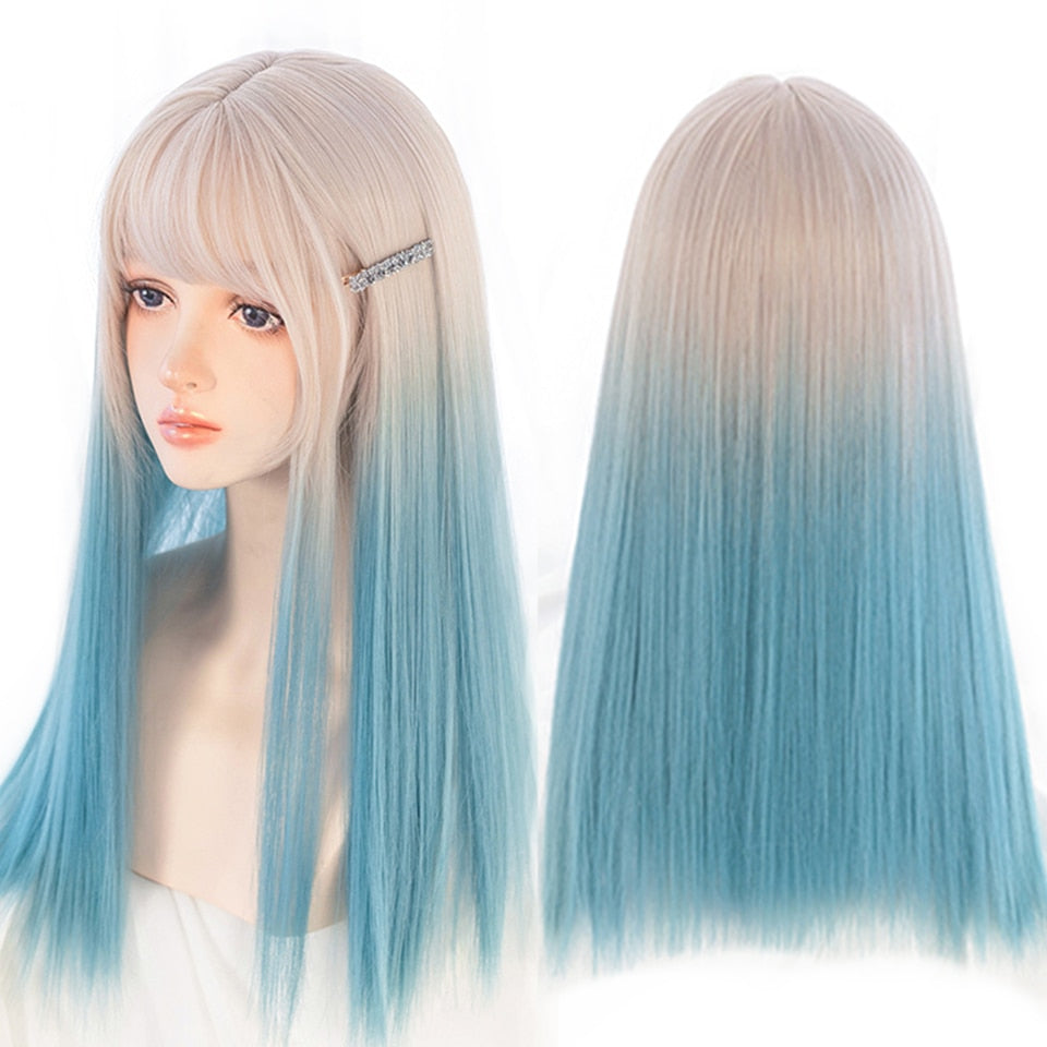lolita wigs Long straight wigs lady gray blue high temperature resistant synthetic wig cosplay party natural wig