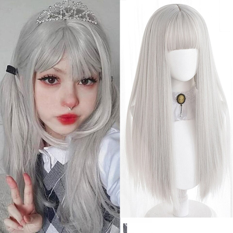 Long straight hair synthetic wig girl pink white gradient bangs cosplay Lolita party heat-resistant wigs