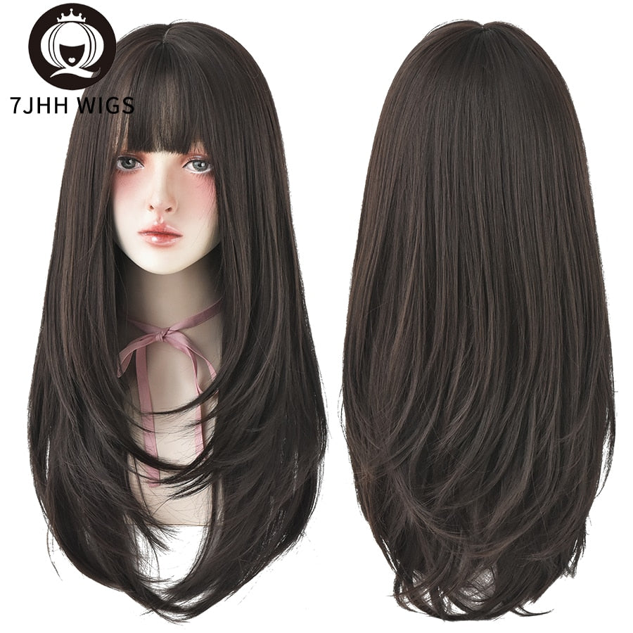 Synthetic Wigs Long Straight Pink Brown Hair Top Dyed Black Omber Wigs With Bangs For Women Heat Resistant Wigs