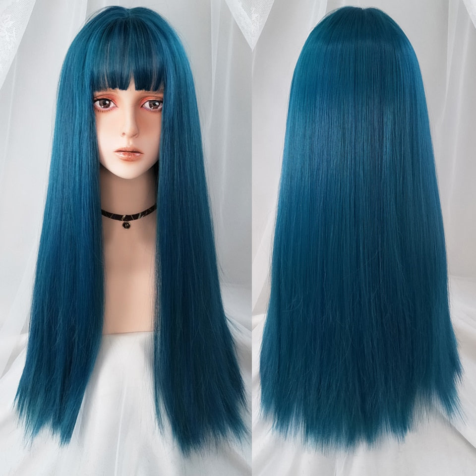lolita wigs Long straight wigs lady gray blue high temperature resistant synthetic wig cosplay party natural wig