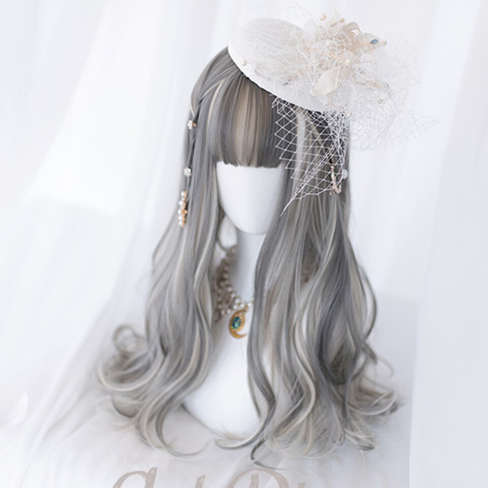Synthetic long wavy curly hair female cold brown black cosplay Lolita pink purple blue wig heat-resistant bangs