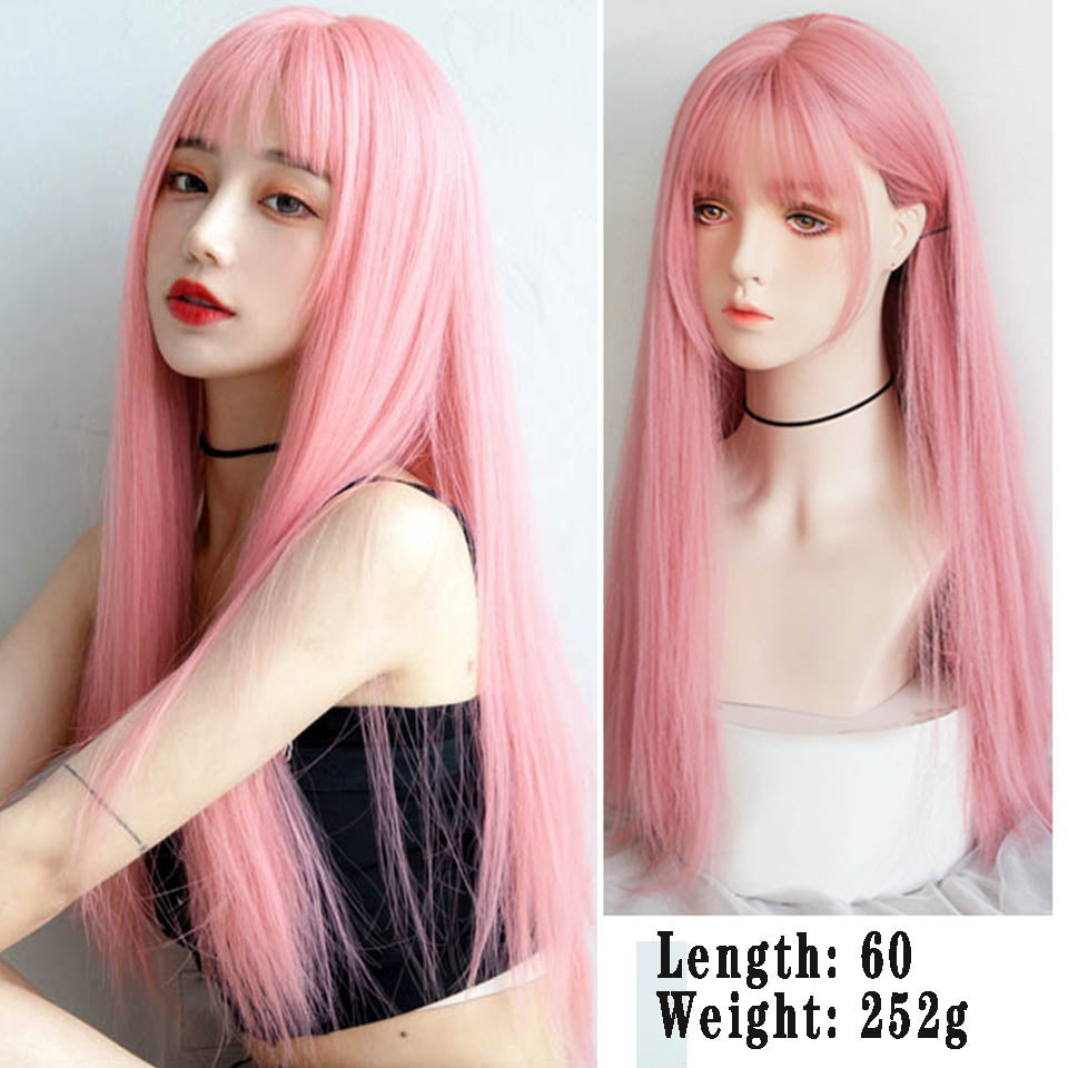 Long straight hair synthetic wig girl pink white gradient bangs cosplay Lolita party heat-resistant wigs