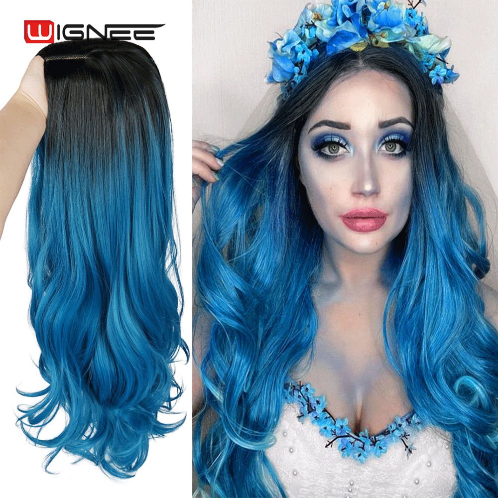 Long Wavy Synthetic Wigs Heat Resistant Middle Part Mix Blue Cosplay Hair For Women African American Natural Party Wigs