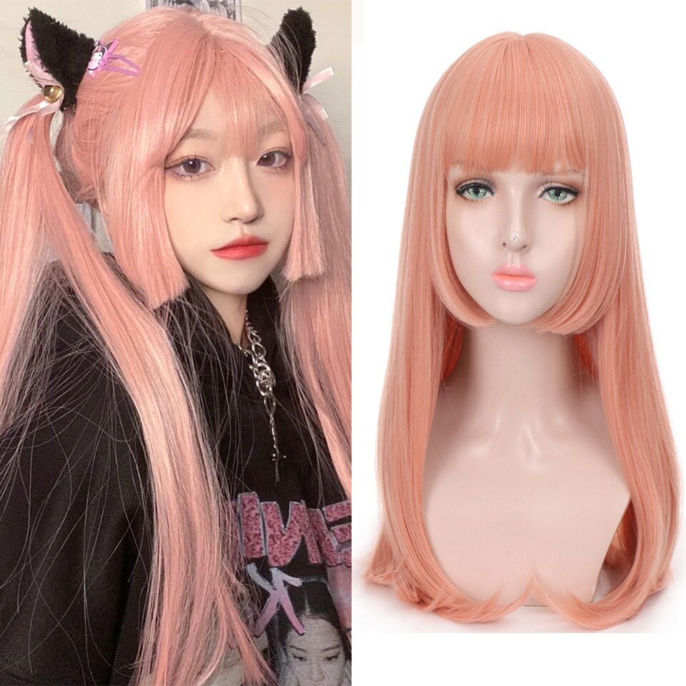 Long straight hair synthetic wig girl pink white gradient bangs cosplay Lolita party heat-resistant wigs