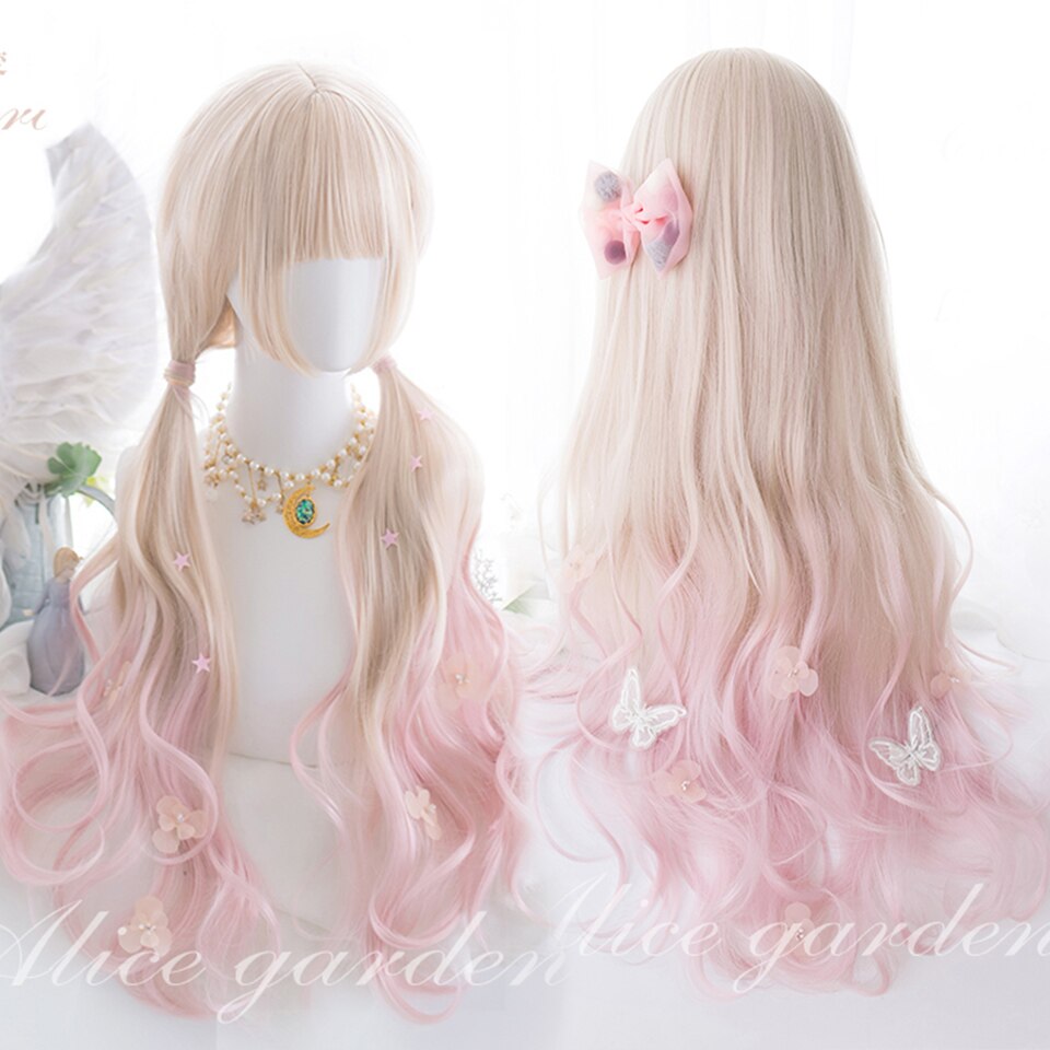 Synthetic long wavy curly hair female cold brown black cosplay Lolita pink purple blue wig heat-resistant bangs