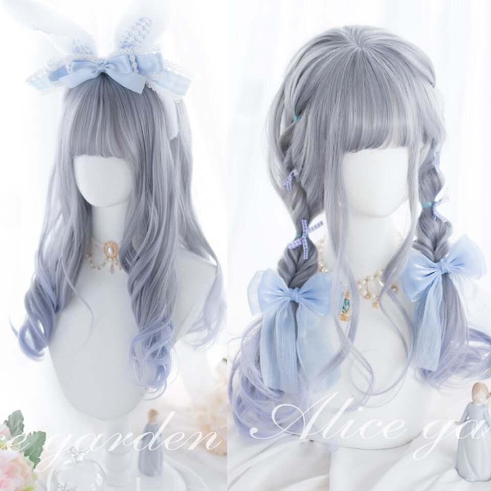 Synthetic long wavy curly hair female cold brown black cosplay Lolita pink purple blue wig heat-resistant bangs