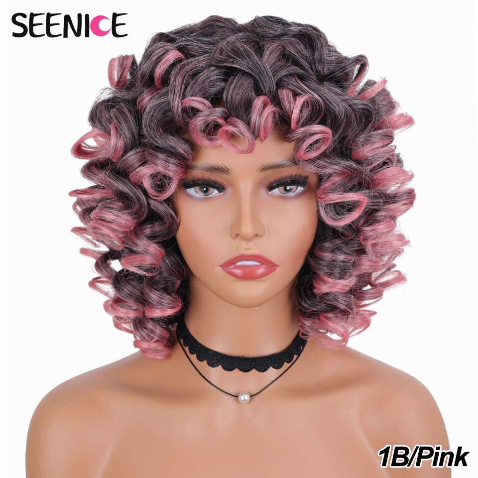Short Hair Afro Kinky Curly Wigs With Bangs For Black Women Fluffy Synthetic African Ombre Glueless Cosplay Natural Brown Wigs